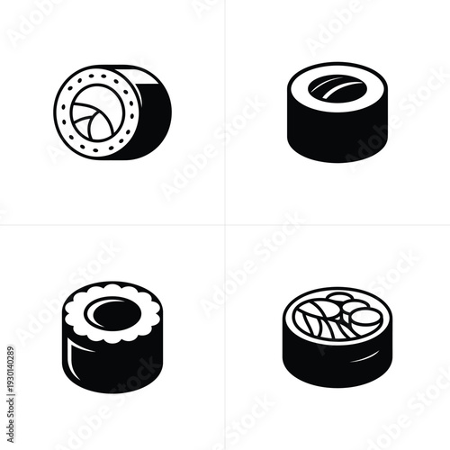 Black and white sushi rolls with various fillings and toppings