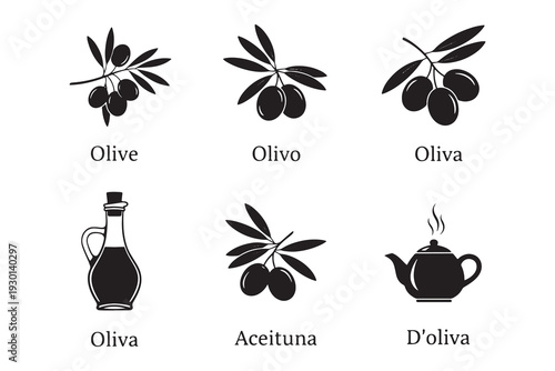 Olive oil and tea icons with olives and leaves on white