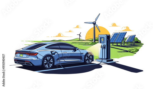 An electric car being charged at a renewable energy station with solar panels and wind turbines