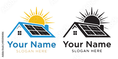 Solar panel house with sun logo template design
