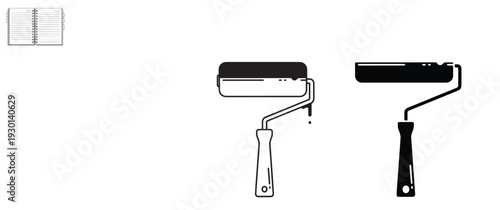 Paint roller tools and notebook on white background