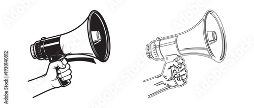 Two hands holding megaphones in black and white line art