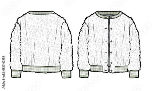 Winter fleece jackets design technical flat sketch vector mockup template.