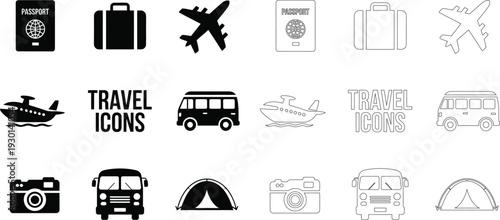 Set of travel with both solid black and outline styles