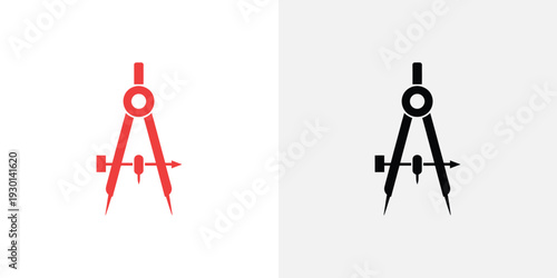 Red and black compass on white background geometric tool