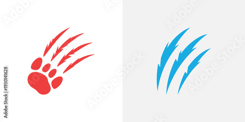 Red and blue animal claw marks and paw print