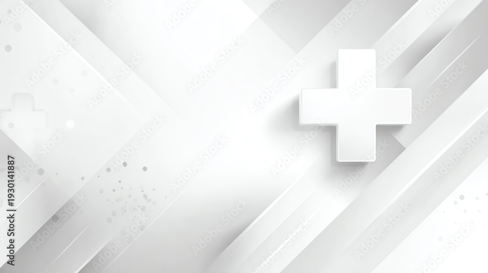 Obraz premium Abstract white background with geometric shapes and a prominent plus sign, ideal for health and medical themes.