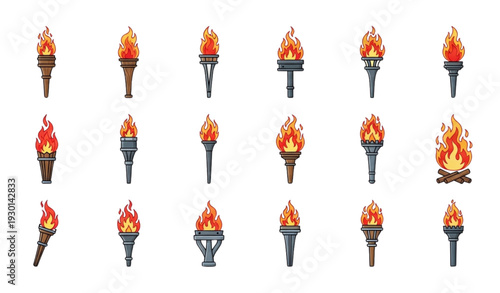 A set of colorful torch icons in various designs and styles