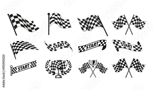 A set of black and white checkered flags and banners for racing and competition