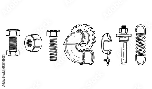 Industrial Hardware Mechanical Components Outline Vector Engineering Set