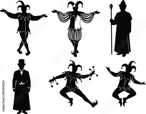 Black vector silhouette icon set of medieval jesters circus performers and a gentleman for concepts of entertainment theater and branding