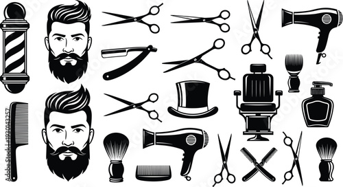 Black vector silhouette icon set of barbershop tools including scissors combs razors and bearded men for professional grooming and branding