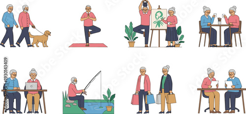 Active senior couple lifestyle activities including walking, yoga, painting, shopping and leisure moments in flat vector illustration promoting healthy aging and retirement life