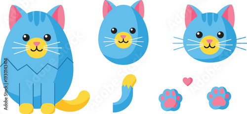 Cute Blue Cat Vector Illustration Set with Flat Kitty Character Face Icons Yellow Tail and Pink Paw Prints Isolated on White