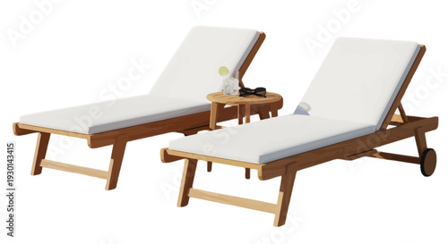 Set of 2 wooden deckchairs with white cushions
