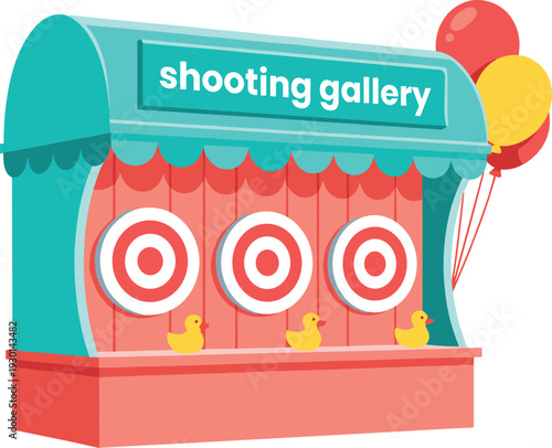 Carnival shooting gallery booth with targets and toy ducks, colorful amusement park game illustration isolated on light background for fairground entertainment and festival design