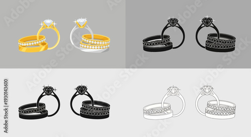 Elegant wedding ring sets featuring diamond engagement rings and matching bands, presented in various colorways including gold, silver, and outline styles