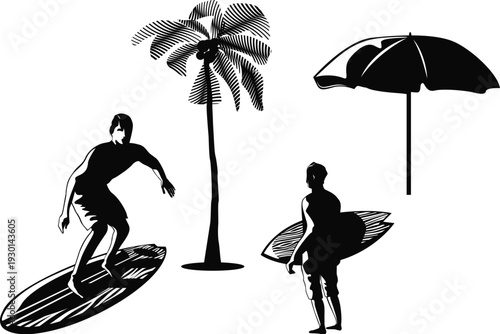 Silhouette of a surfer with a surfboard on a sunny beach in a summer vector illustration