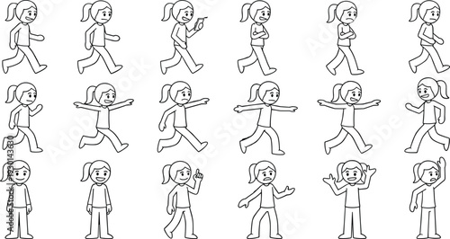 Cartoon girl character poses set showing walking, running, pointing and expressive gestures in simple outline vector style isolated on light background for animation design