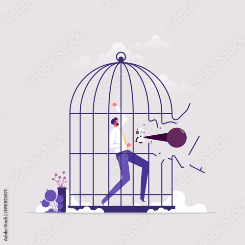 Artificial intelligence technology helping or support success work concept, artificial intelligence breaks breaks the cage and help businessman free, working with ai 