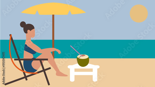 Young woman in blue bikini with high hair bun sits on beach chair under beach umbrella enjoying young coconut water
