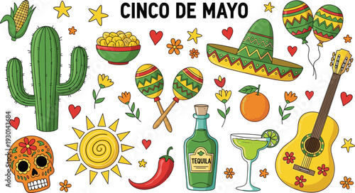 Cinco de Mayo Celebration Vector Illustration Set with Mexican Sombrero Guitar Cactus Maracas Tequila Bottle and Traditional Sugar Skull Icons