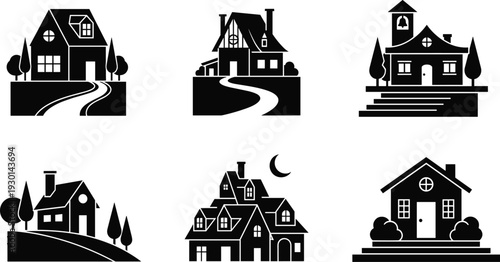 Black vector silhouette icon set of various houses and cottages with paths trees and a crescent moon for real estate