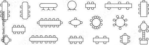 Top view conference and dining table layouts set in outline vector style showing seating arrangements for meetings, offices and restaurants isolated on light background
