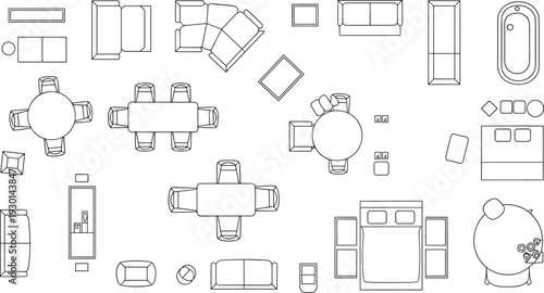 Top view furniture layout plan set including sofas, tables, beds and interior elements in outline vector style for home design and architectural floor planning