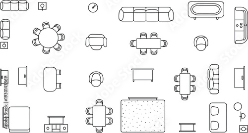 Top view living room and dining furniture layout icons set in outline vector style for interior design planning, home arrangement and architectural floor plans