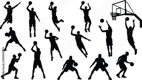 Basketball silhouettes, players in action, dribbling, shooting, dunking, jumping, hoop illustration, sports training, athletic movement, dynamic poses, teamwork concept