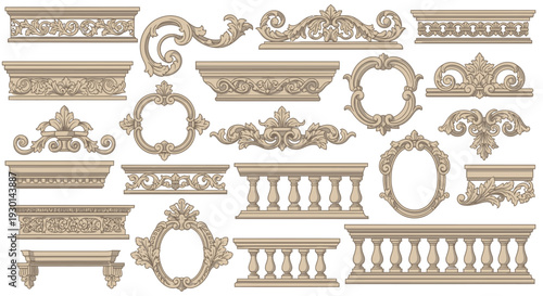 Collection of ornate architectural decorative elements in beige, including balustrades, frames, and borders, perfect for vintage design projects