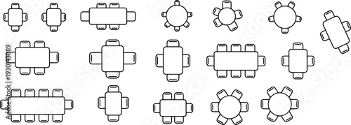 Top view meeting and dining table seating arrangements set in outline vector style for office planning, conference rooms and restaurant layout design isolated background