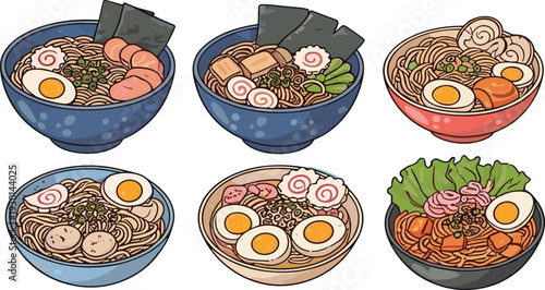 Japanese Ramen Noodle Bowl Vector Set with Eggs, Meat, Seaweed and Fresh Toppings Illustration