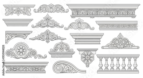 Collection of elegant architectural decorative elements, ornamental moldings, balustrades, and cartouches, in a classic style, ideal for interior design or facade embellishments