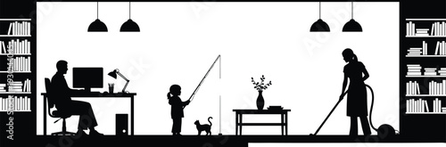 Black vector silhouette of a family at home with a father working a child playing and a mother cleaning house