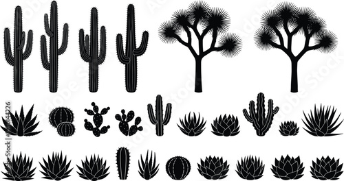 Cactus silhouette set, desert succulent plants collection, saguaro agave joshua tree vector outlines, arid flora icons for western nature graphic design projects
