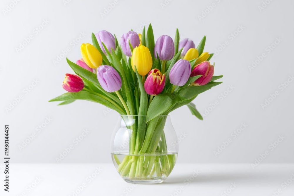 Fototapeta premium a bouquet of colorful tulips in a glass vase, on a white background
