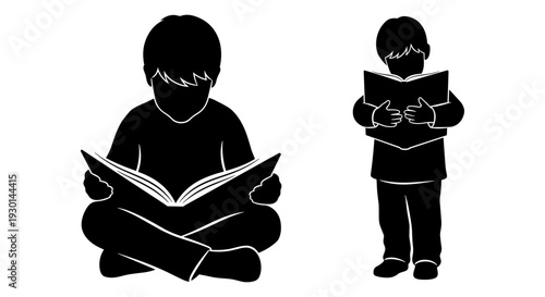 Two children engrossed in reading books together in a quiet moment. Vector, illustration