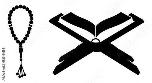 Islamic prayer beads and quranic stand with an open quran illustration Vector, illustration