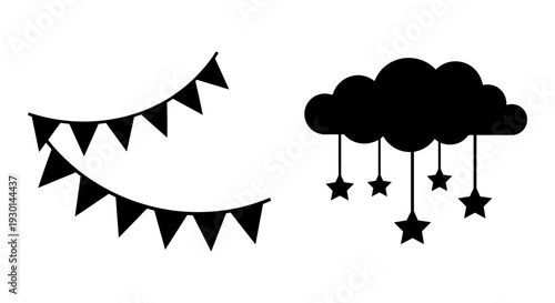 Celebratory bunting and stars emerging from a cloud in a minimalist design Vector, illustration