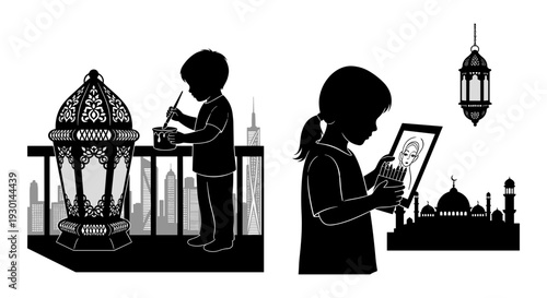 Children exploring cultural landmarks through digital and traditional means Vector, illustration