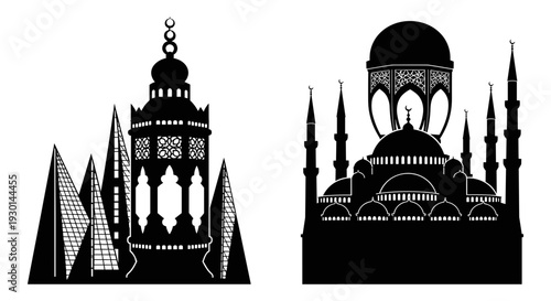 Architectural comparison of two ornate mosque designs with intricate detailing and minarets Vector, illustration