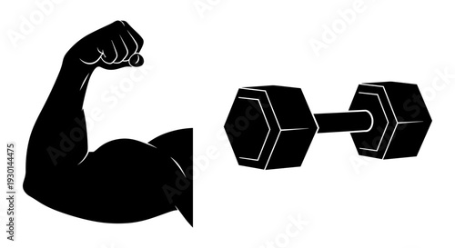 A muscular arm flexing while holding a hexagonal barbell weight for strength demonstration Vector, illustration