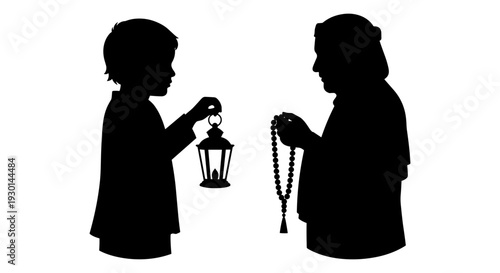 Two silhouetted figures sharing a glowing lantern between them in the dark Vector, illustration