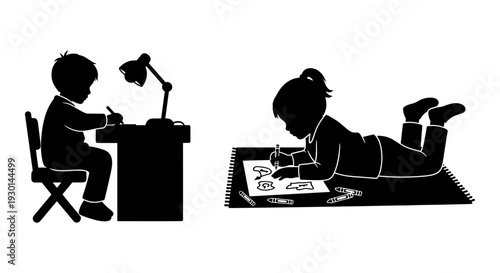 Children engaging with technology in different learning environments at home. Vector, illustration