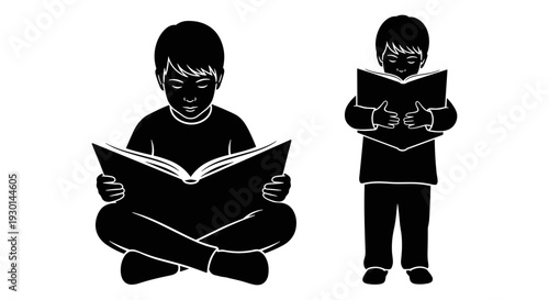 Two children engrossed in reading books in a focused and attentive manner. Vector, illustration