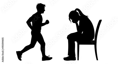 Contrast of energy and exhaustion between a running child and a slumped individual. Vector, illustration