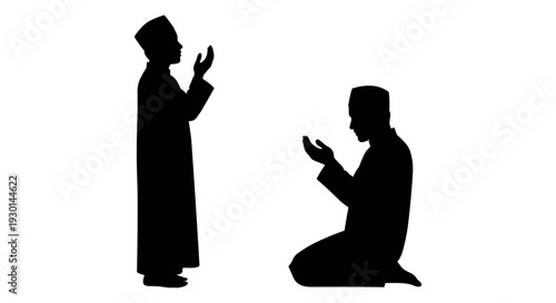 Silhouette of an imam leading a worshipper in prayer during a religious ceremony Vector, illustration