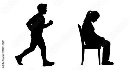 Contrast between active lifestyle and sedentary behavior in black silhouette illustration Vector, illustration